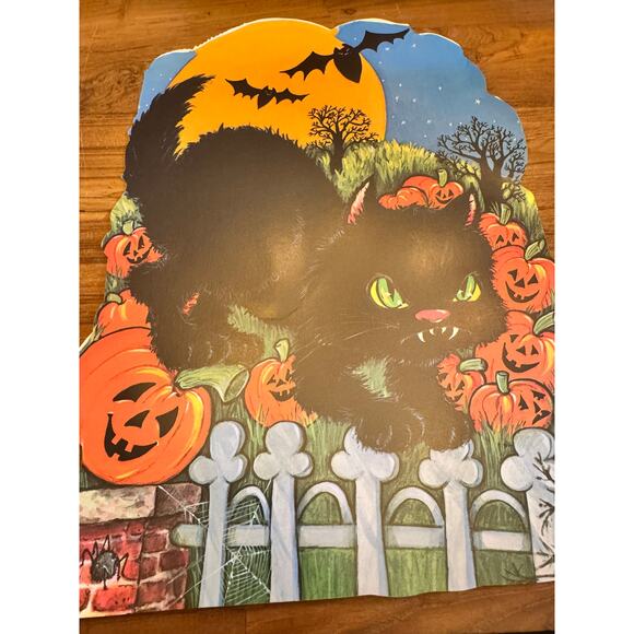 Vintage Halloween Black Cat Bat Pumpkins Die-Cut Decoration - Picture 1 of 4